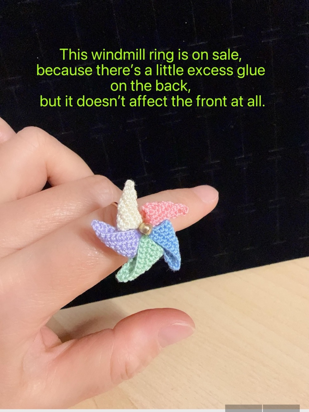 Brand new Handmade Micro Crochet Macaron  Windmill Ring, Adjustable Ring